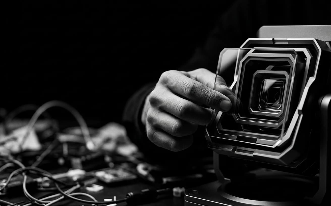 Abstract monochrome illustration of a skilled hand tuning a complex instrument made of nested geometric forms, half blurred and chaotic, half crisp and ordered