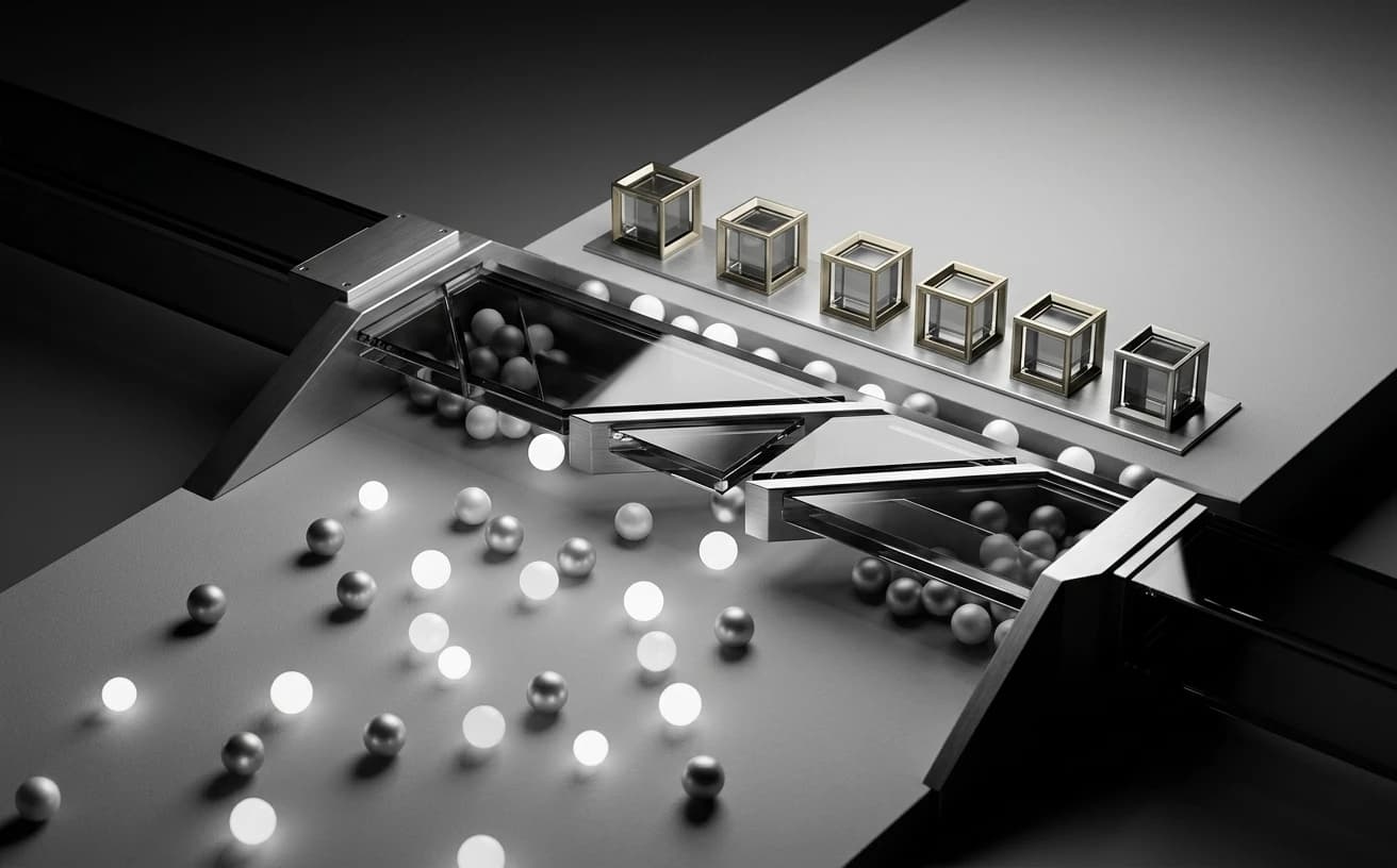 Abstract monochrome visualization of an evaluation gate judging probabilistic outputs against a golden reference set