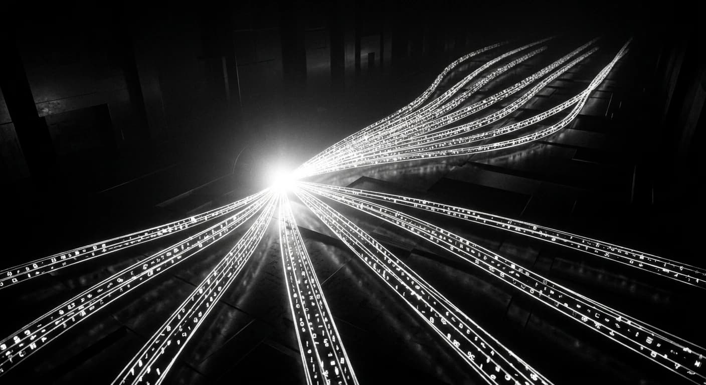 Black and white abstract visualization of parallel token streams diverging from a single luminous source