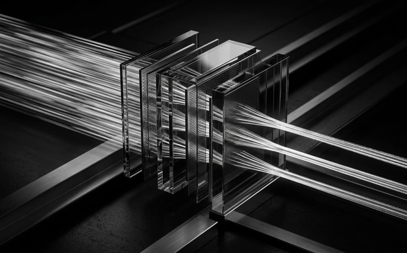 Abstract monochrome visualization of compressed data streams flowing through a precision filter, with token symbols dissolving into a smaller stream on the output side
