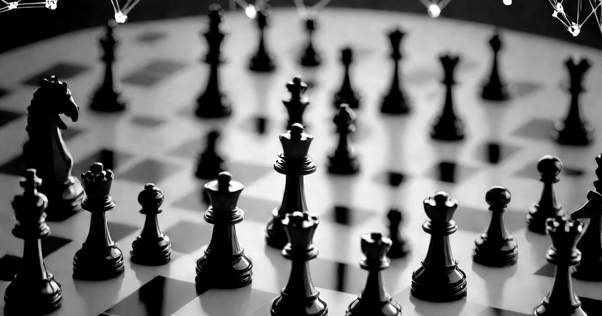 Abstract geometric network of interconnected autonomous AI agents represented as nodes and pathways in monochrome