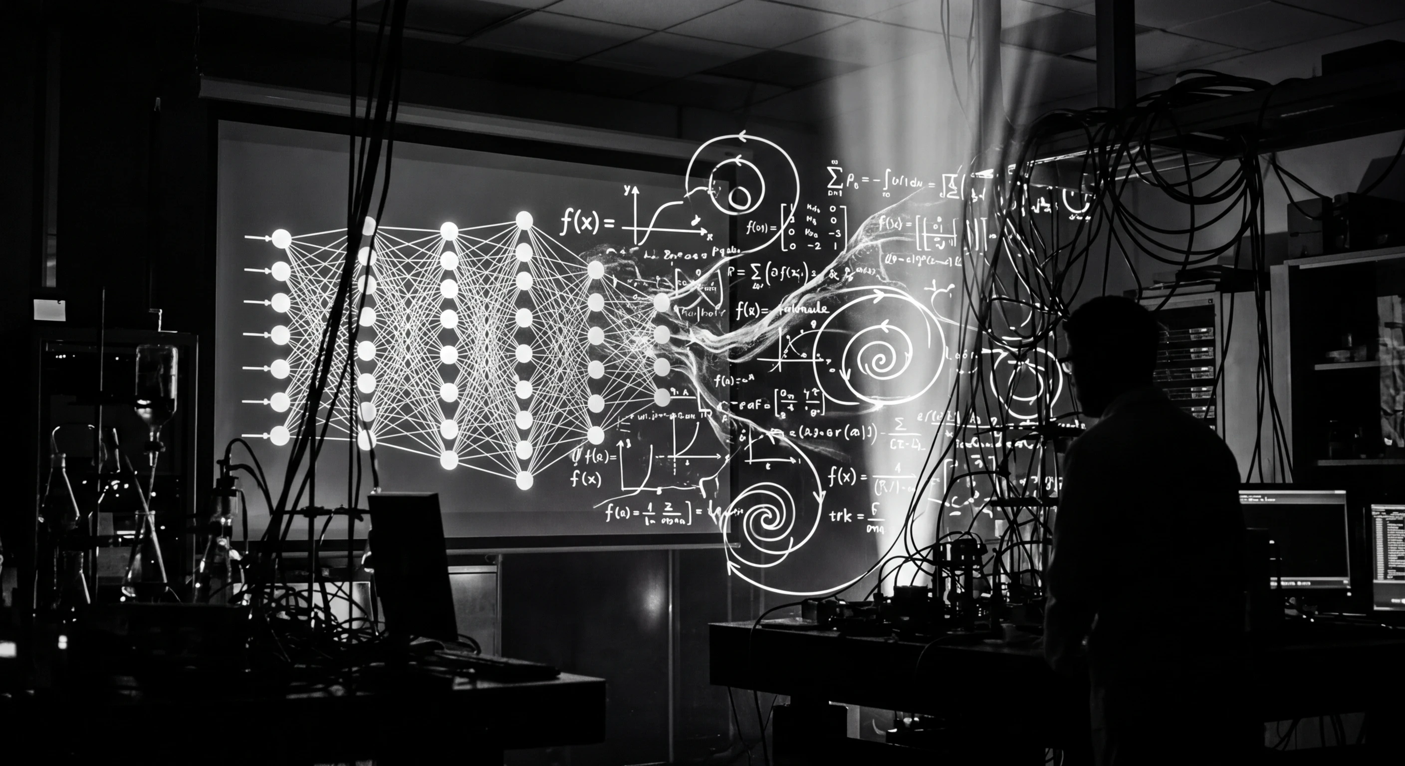 Abstract visualization of AI-driven scientific discovery and research automation in monochrome