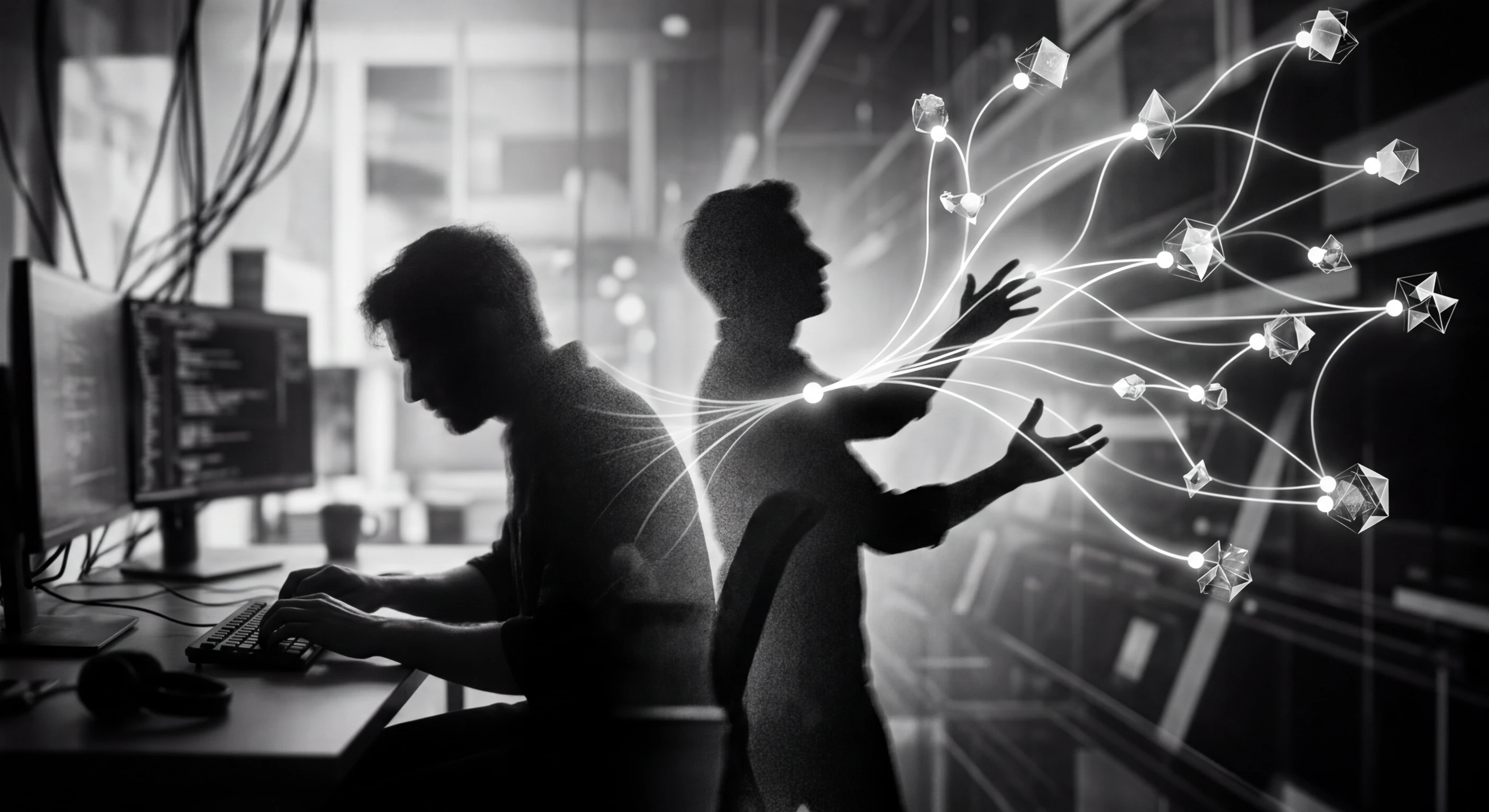 Abstract visualization of developer evolution from code writing to AI orchestration with geometric nodes and pathways