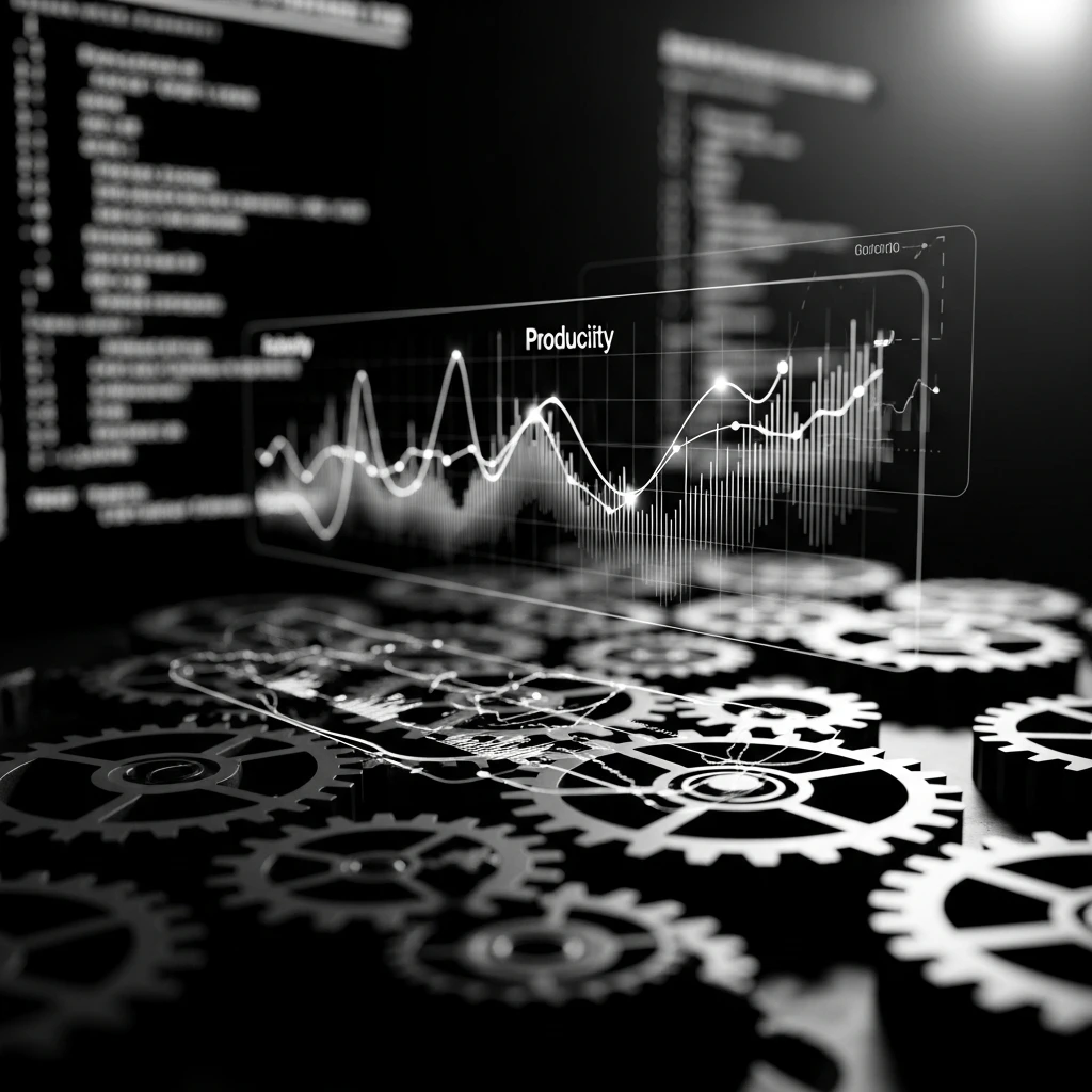 Abstract visualization of Claude Code configuration with layered settings and productivity metrics