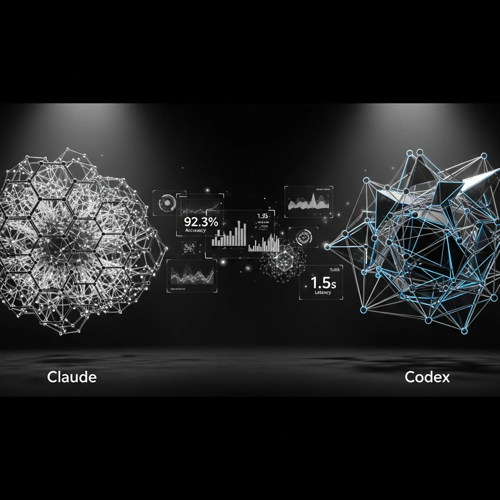 Abstract visualization of two AI models converging with benchmark metrics floating between them