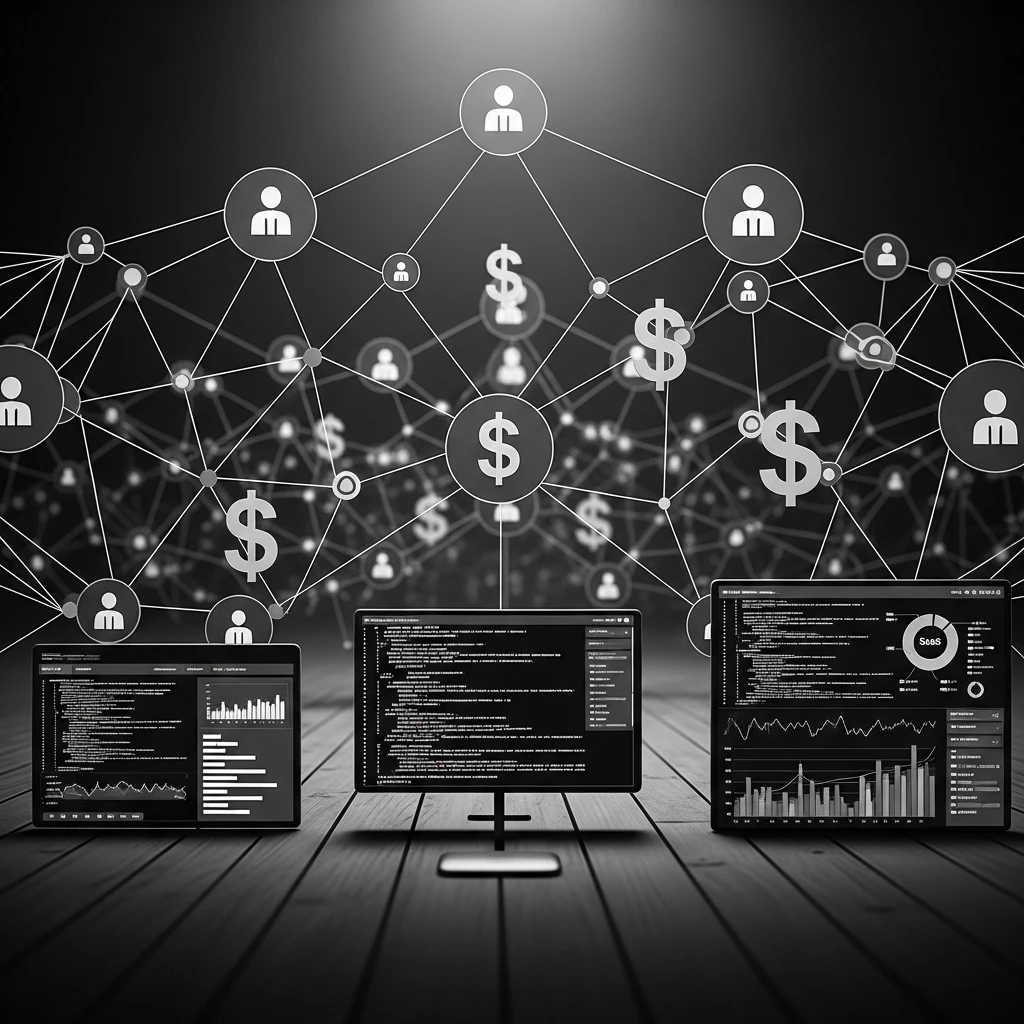 Abstract visualization of flexible team connections with scalable geometric nodes and dollar symbols