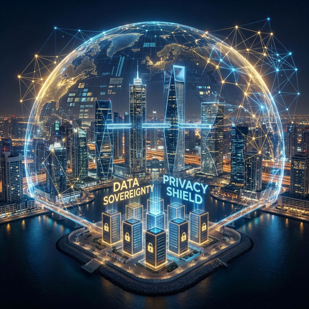 Futuristic digital illustration of Dubai skyline with secure Private AI shield