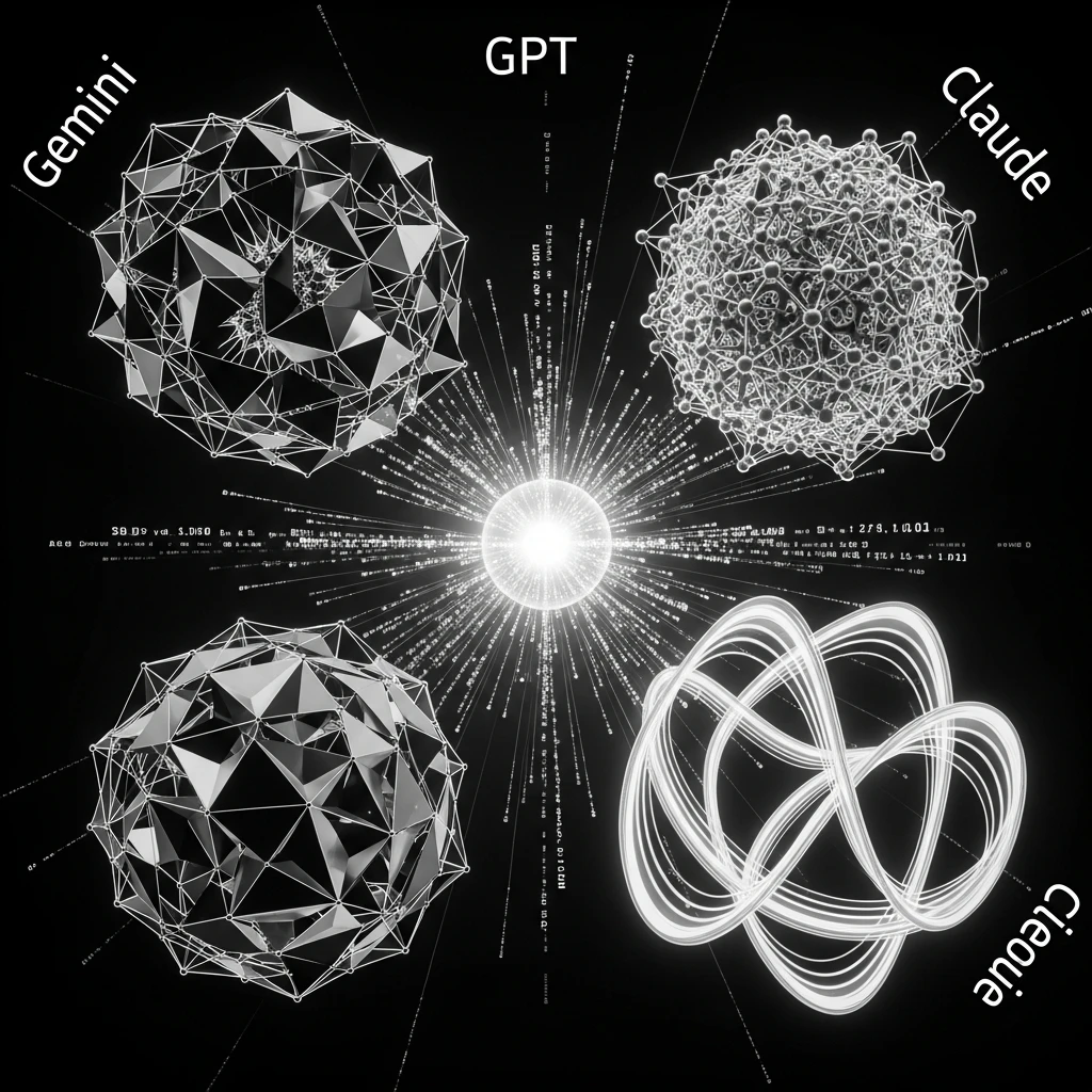 Abstract visualization of three AI models converging with benchmark metrics between them