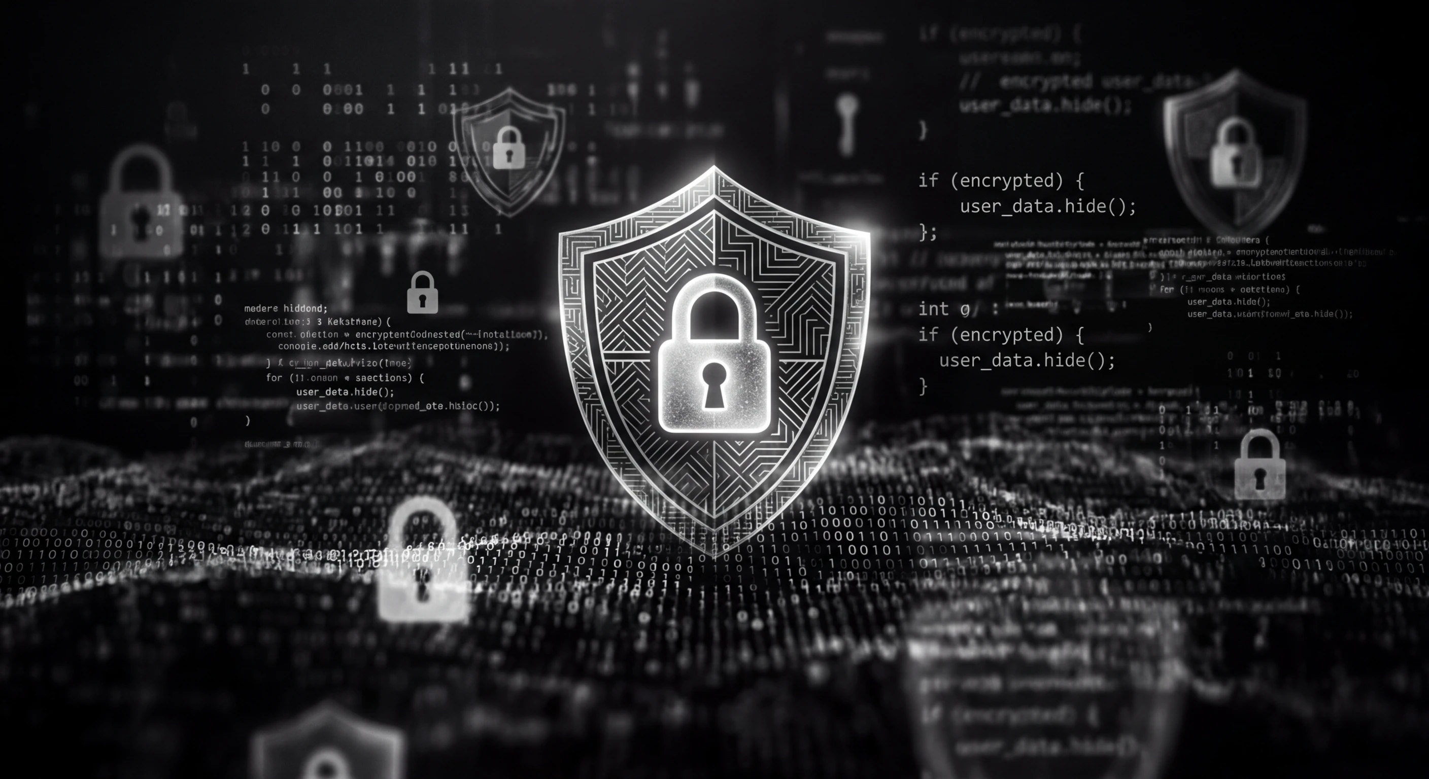 Abstract visualization of code data flow and privacy protection in monochrome