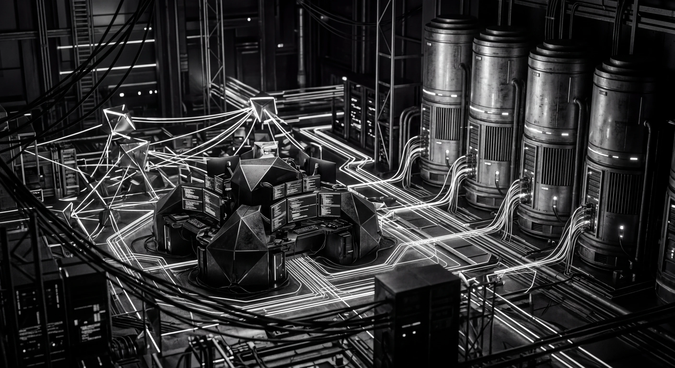 Abstract geometric representation of local AI integration with development tools, nodes and pathways in monochrome