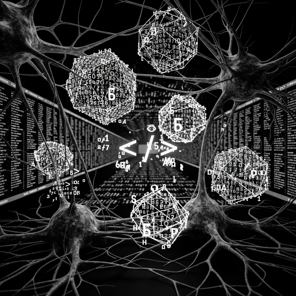 Abstract visualization of autonomous code generation with branching pathways and neural network architecture