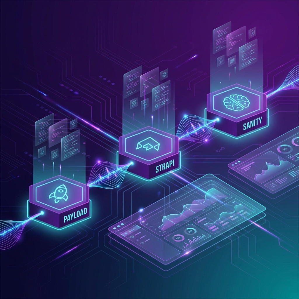 An abstract visualization of the 2025 composable CMS ecosystem with AI integration