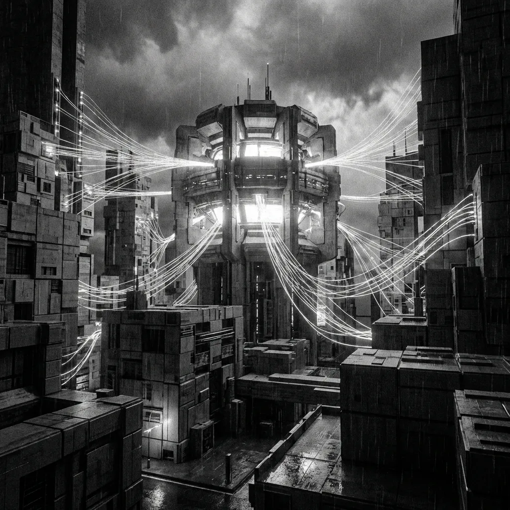 An abstract visualization of the 2025 composable CMS ecosystem with AI integration