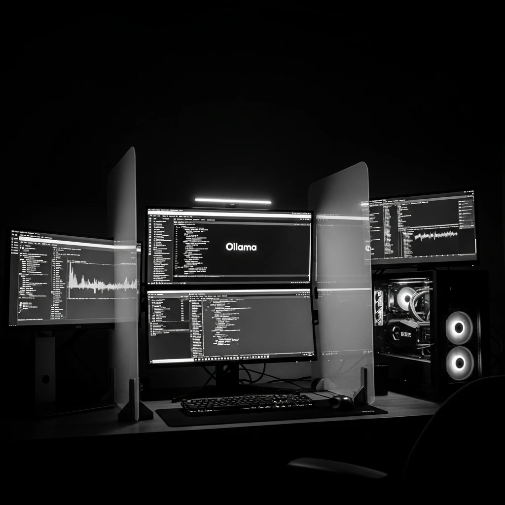 Abstract visualization of local AI running on developer hardware with privacy and speed metrics