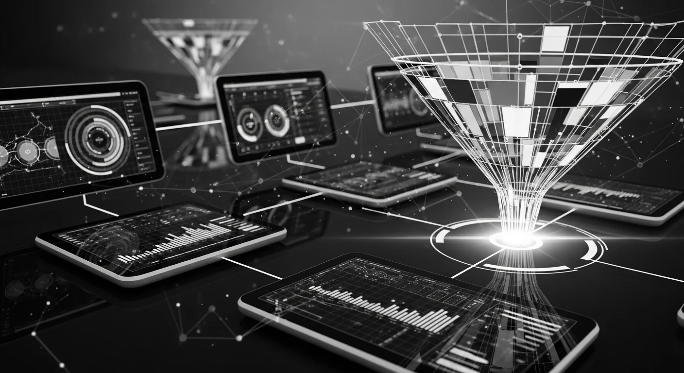 Cinematic black and white photograph of interconnected dashboards converging into a single focal point