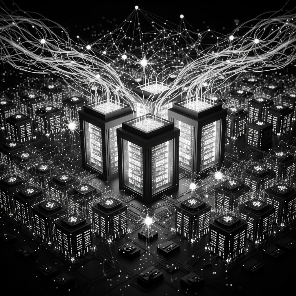 Abstract visualization of massive capital infusion with infrastructure scaling and neural network expansion