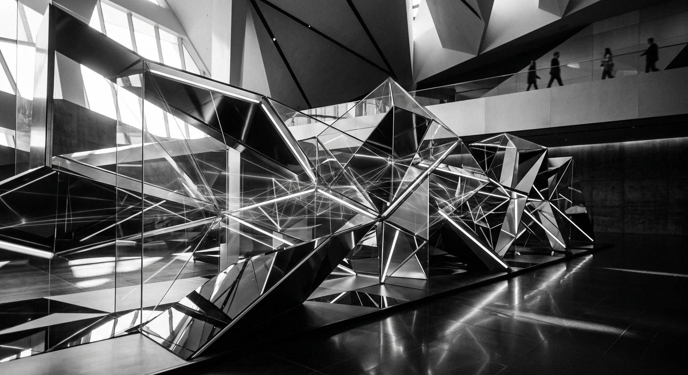 A cinematic black and white photograph representing the principles of design with futuristic geometric shapes
