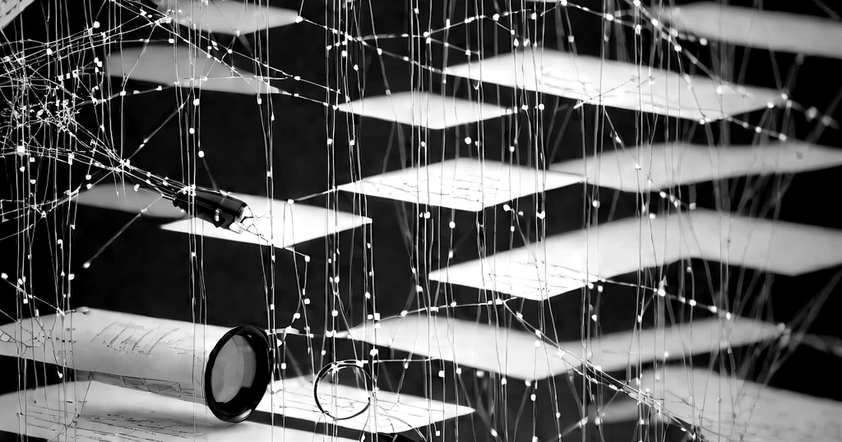 Abstract black and white visualization of vector embeddings and retrieval paths connecting documents to AI models