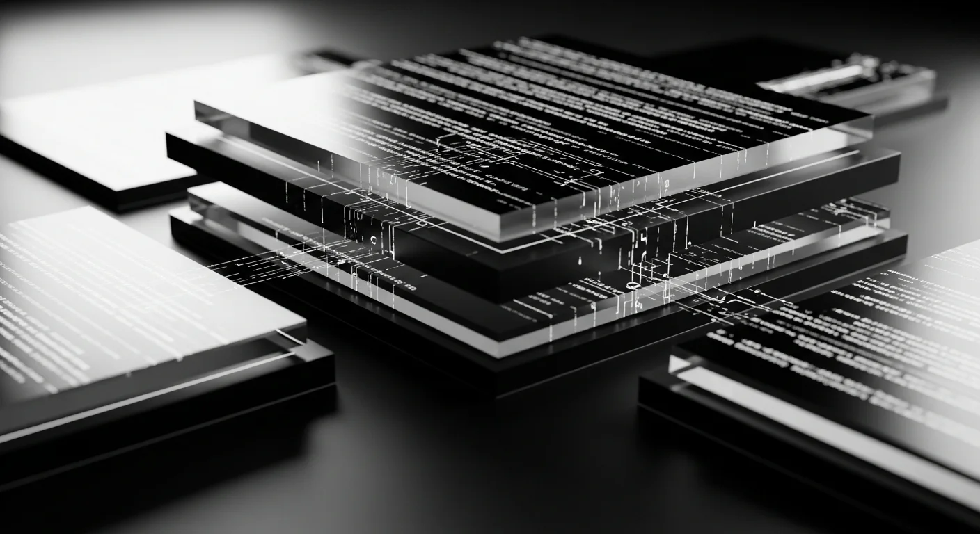 Cinematic black and white photograph of layered geometric panels representing modular web architecture