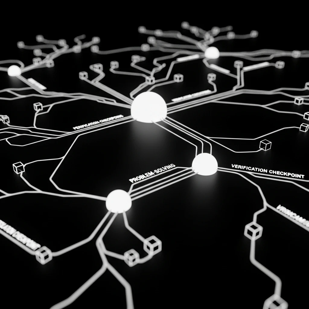 Abstract visualization of chain-of-thought reasoning with branching logical pathways and problem-solving nodes