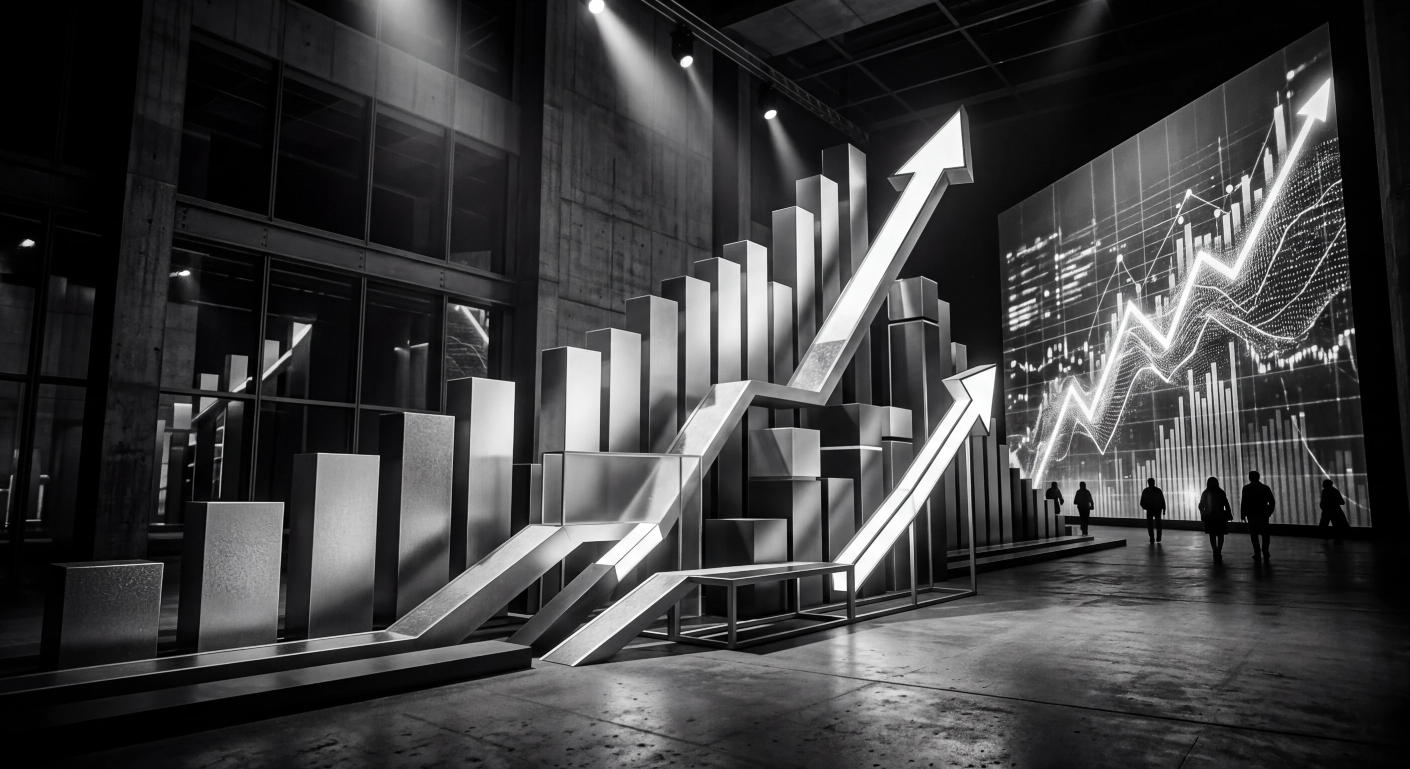 Abstract visualization of job market trends and developer hiring data in monochrome