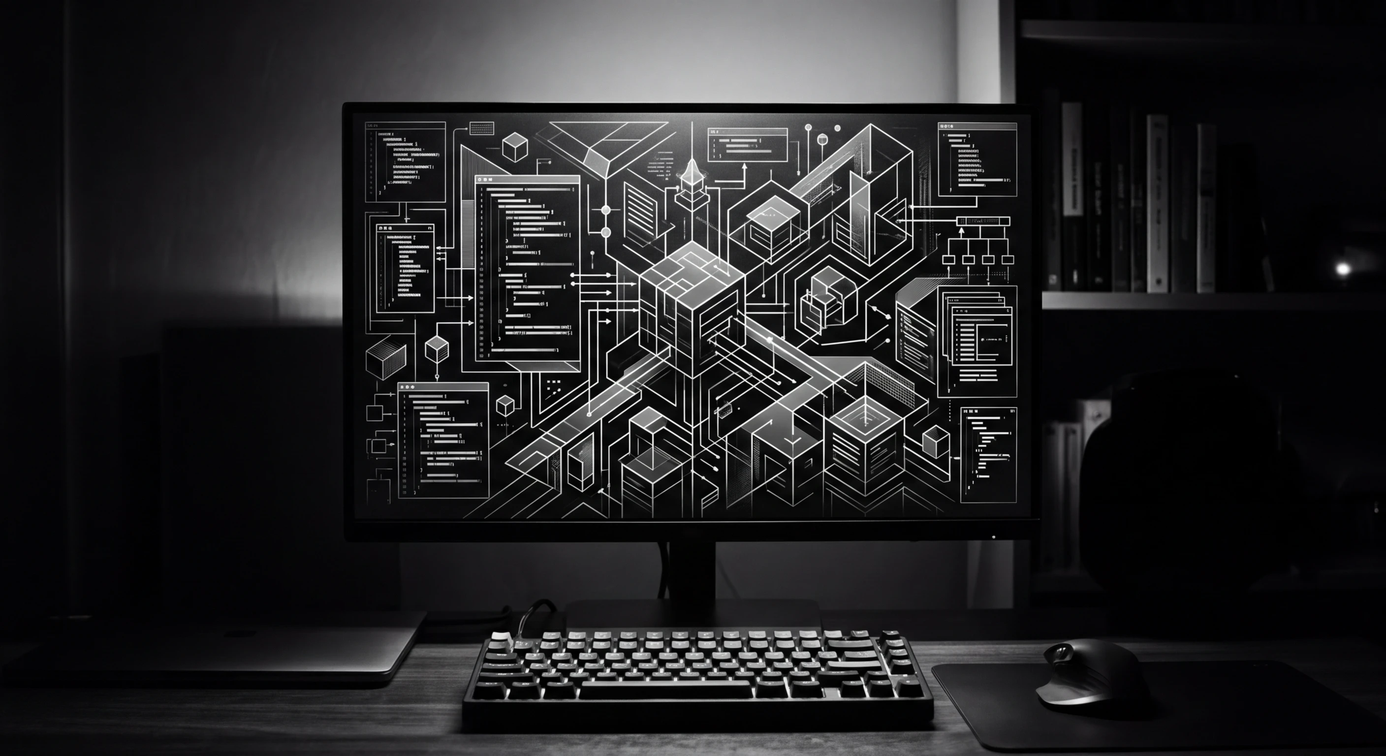 Abstract visualization of TypeScript code transformation and type inference in monochrome