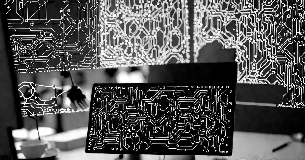 Abstract black and white visualization of AI code generation flowing through a developer workspace