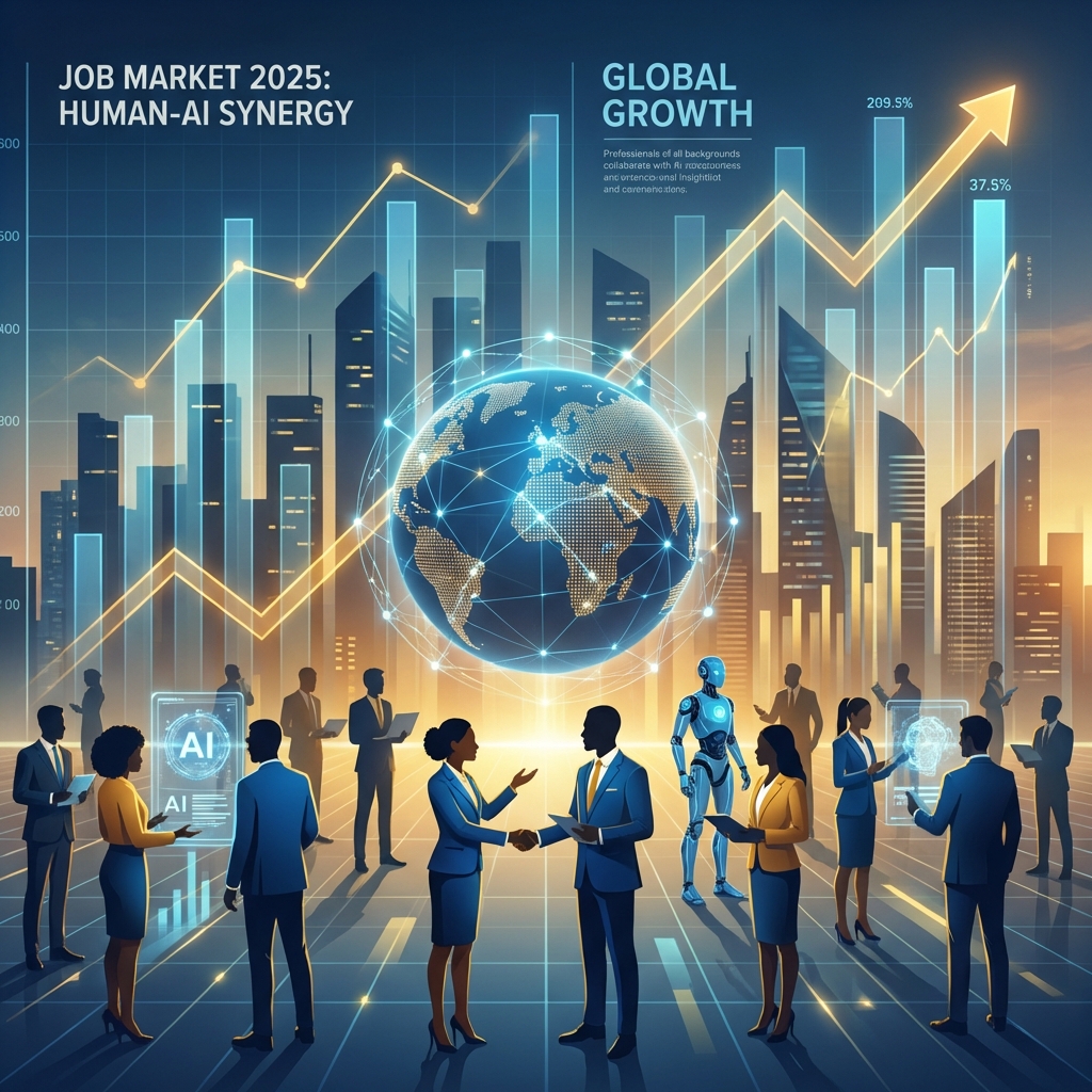 Future of work 2030 visualization showing human and AI collaboration with data analytics and job growth projections